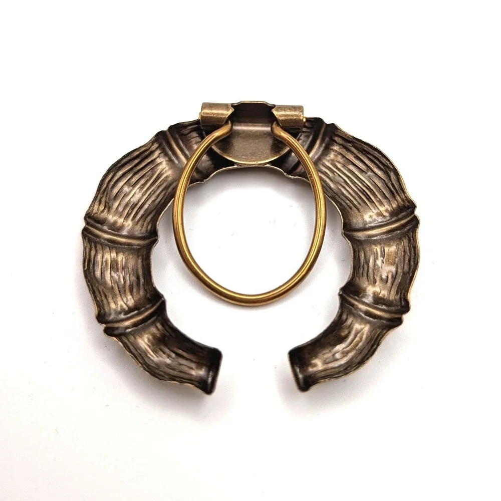 Vintage Faux Bamboo Scarf Ring Slide Antique Bronze Tone Metal Chinoiserie